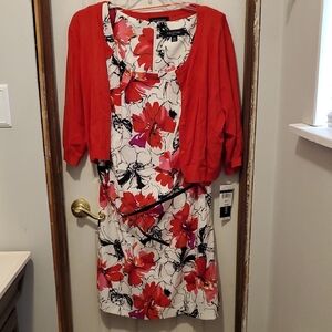 Connected Apparel Floral Dress with Red Cardigan